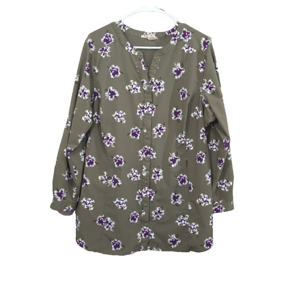 Duluth Long Sleeve Tunic 1X Floral Button-Down Zip Pocket Vented Roll Tab Sleeve